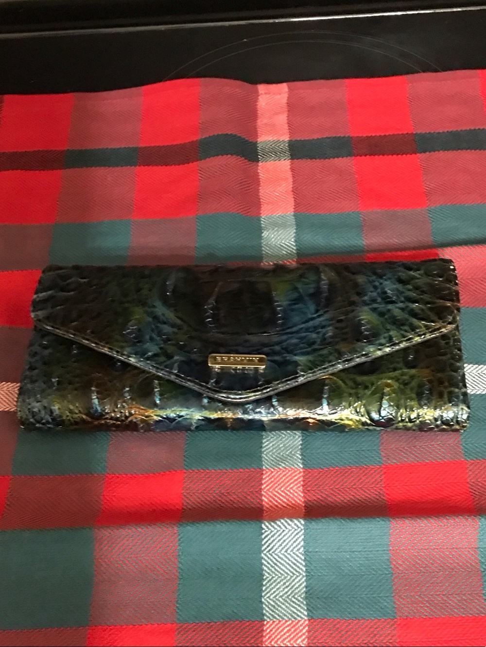 Brahmin Iridescent Green Blue Croc-Embossed Envelope Clutch